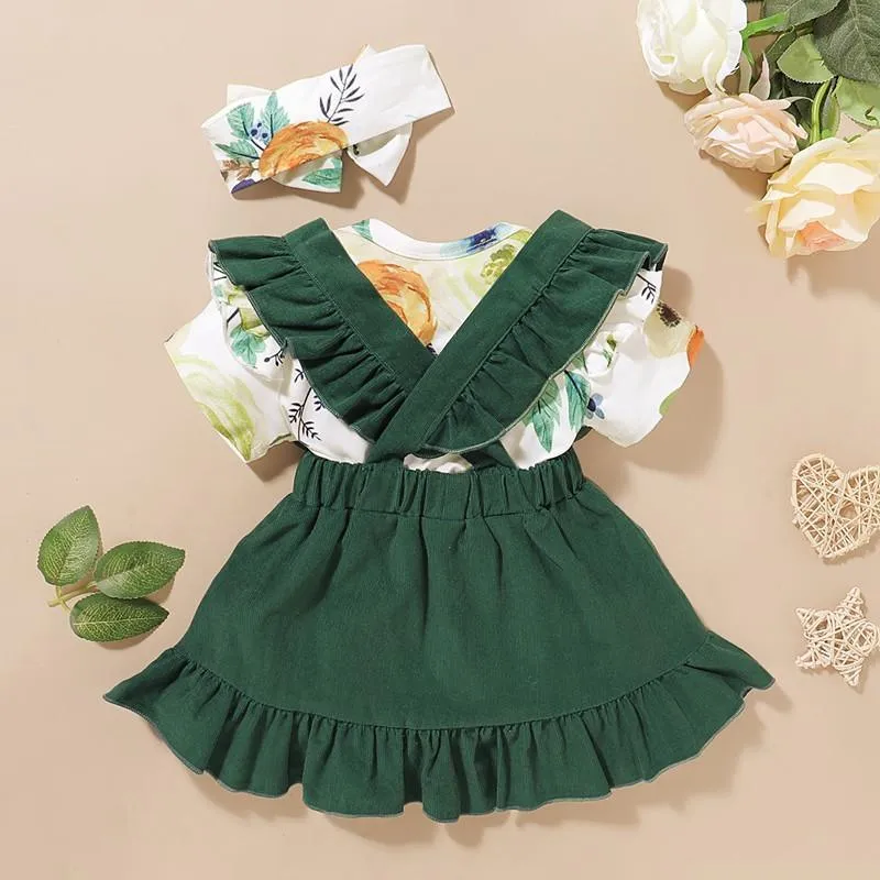 3-piece Floral Printed Bodysuit & Solid Braces Skirt & Headband for Baby Girl