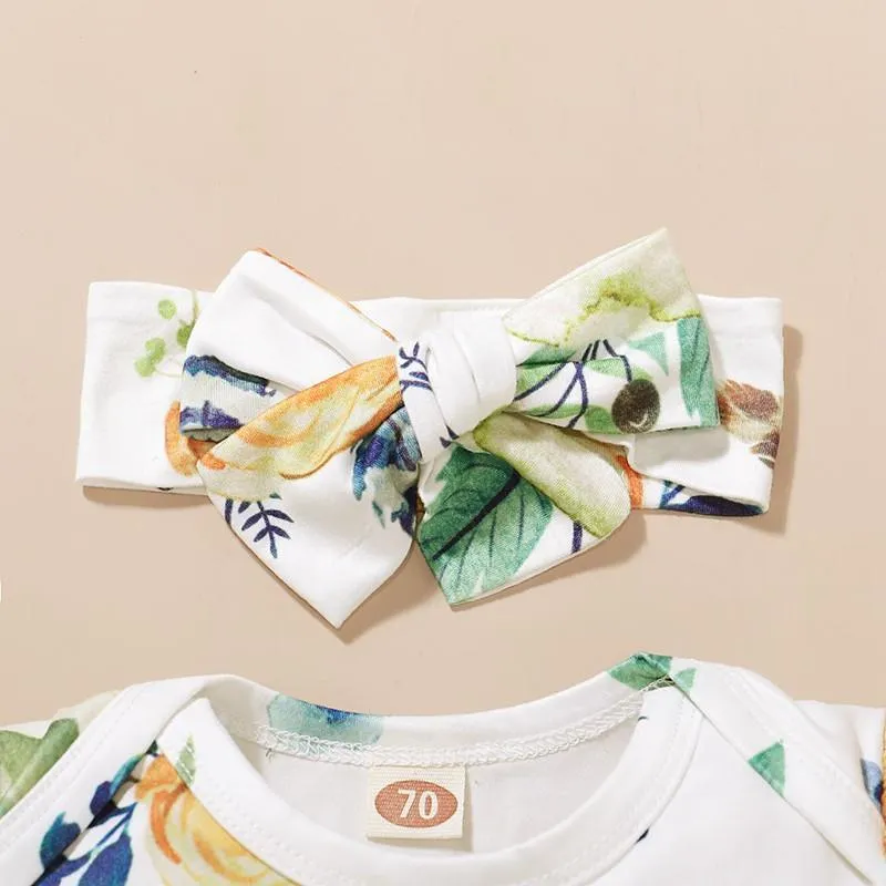 3-piece Floral Printed Bodysuit & Solid Braces Skirt & Headband for Baby Girl