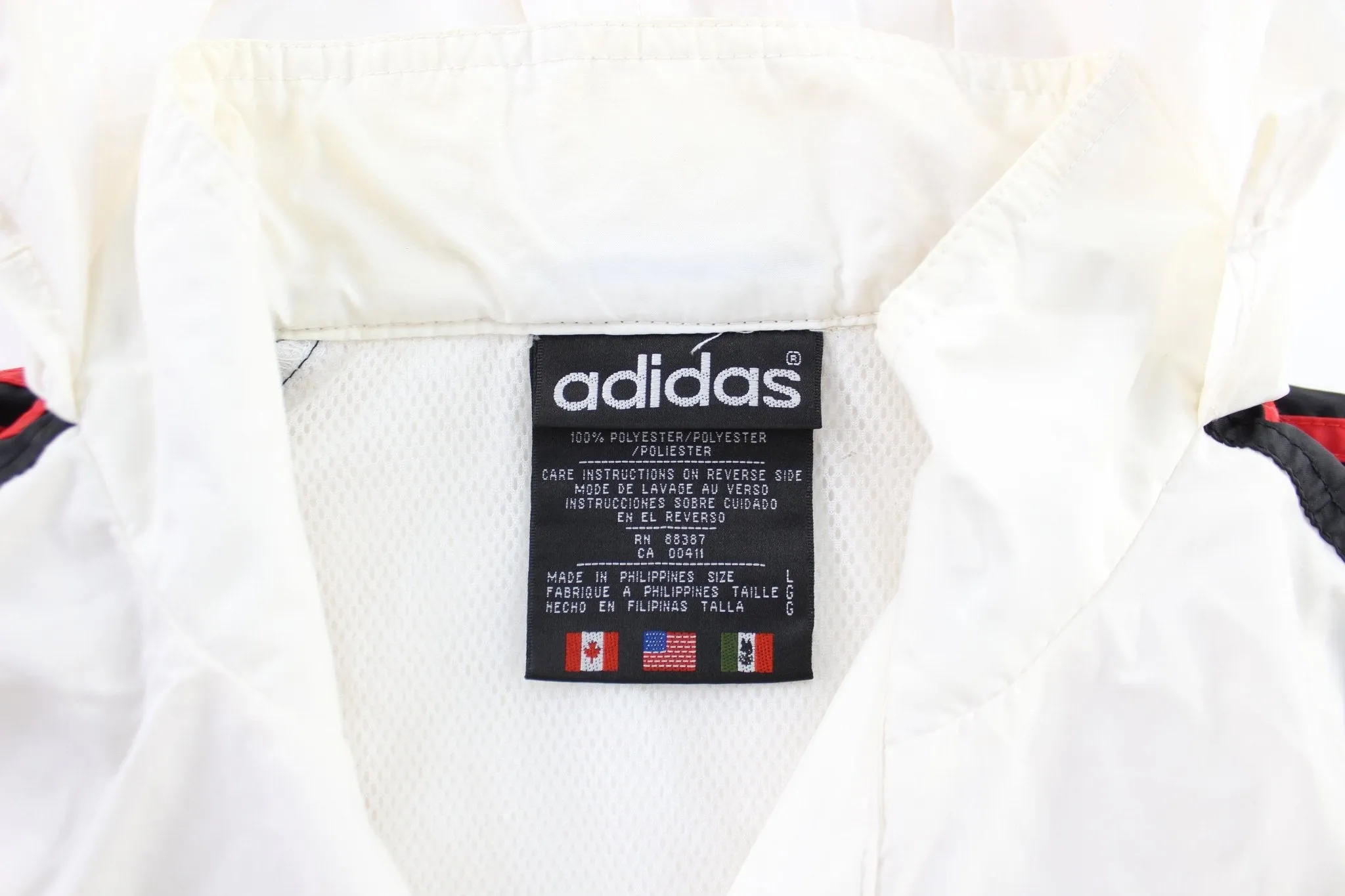 90's Adidas Embroidered Logo White, Black, & Red Striped Zip Up Jacket