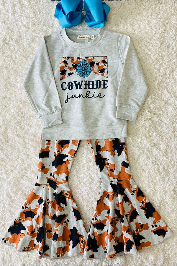 XCH0013-5H COWHIDE junkie cow prints top cow bell bottom pant girls sets