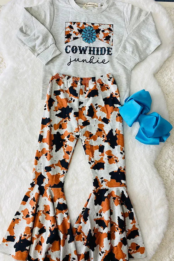 XCH0013-5H COWHIDE junkie cow prints top cow bell bottom pant girls sets
