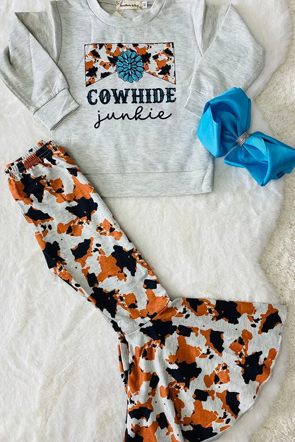 XCH0013-5H COWHIDE junkie cow prints top cow bell bottom pant girls sets
